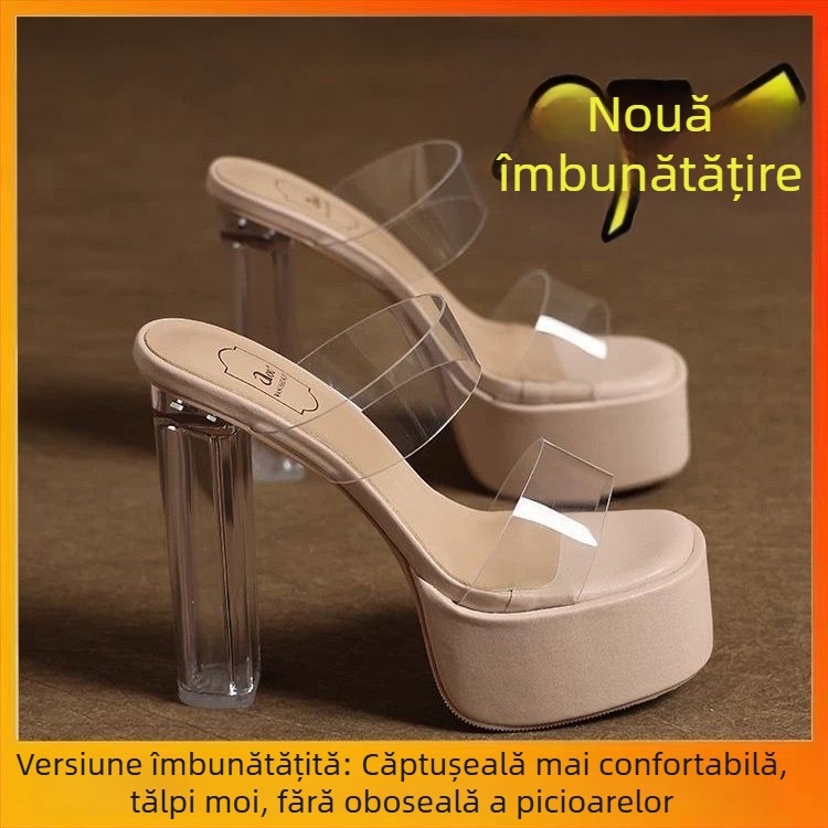 Sandale femei cu bretea transparentă, cristale, toc masiv și talpă groasă, 2026