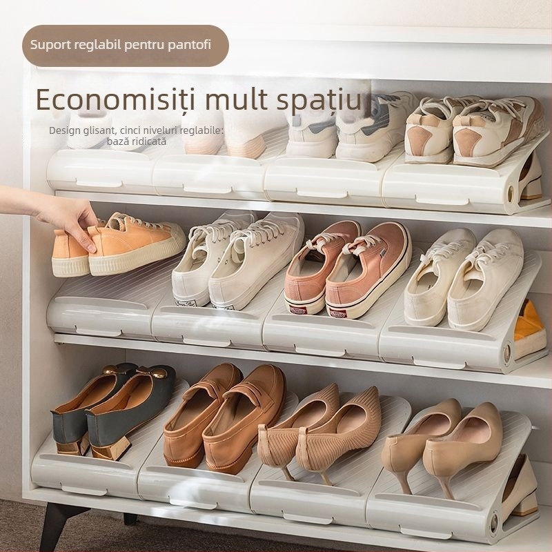 Raft de pantofi din plastic, 2 etaje, fără montaj, mobil, cu rafturi reglabile