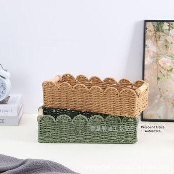 Coș de depozitare țesut din sfoară de hârtie, margine în formă de evantai, cu mâner din lemn, decor pentru casă