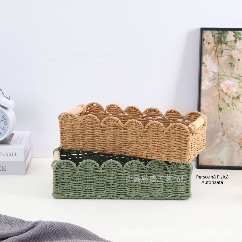Coș de depozitare țesut din sfoară de hârtie, margine în formă de evantai, cu mâner din lemn, decor pentru casă