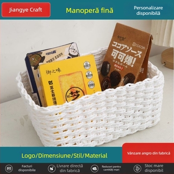 Set de trei coșuri de depozitare din paie, împletite, cu sfoară de hârtie, alb și off-white