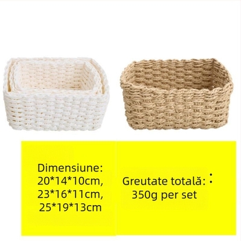 Set de trei coșuri de depozitare din paie, împletite, cu sfoară de hârtie, alb și off-white