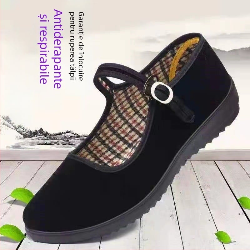Pantofi damă din textile negri, cu căptușeală din fleece, curea cu cataramă, confortabili pentru muncă și dans, talpă moale