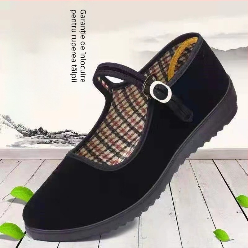 Pantofi damă din textile negri, cu căptușeală din fleece, curea cu cataramă, confortabili pentru muncă și dans, talpă moale