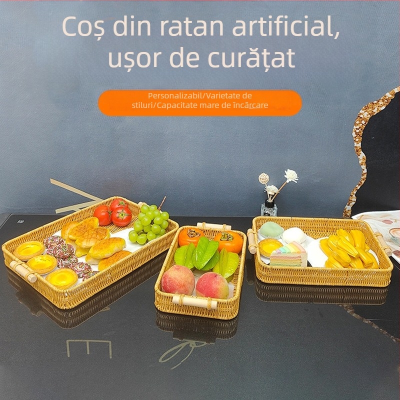 Coș din ratan artificial cu mâner din lemn, tavă de fructe pentru birou și depozitare pentru casă
