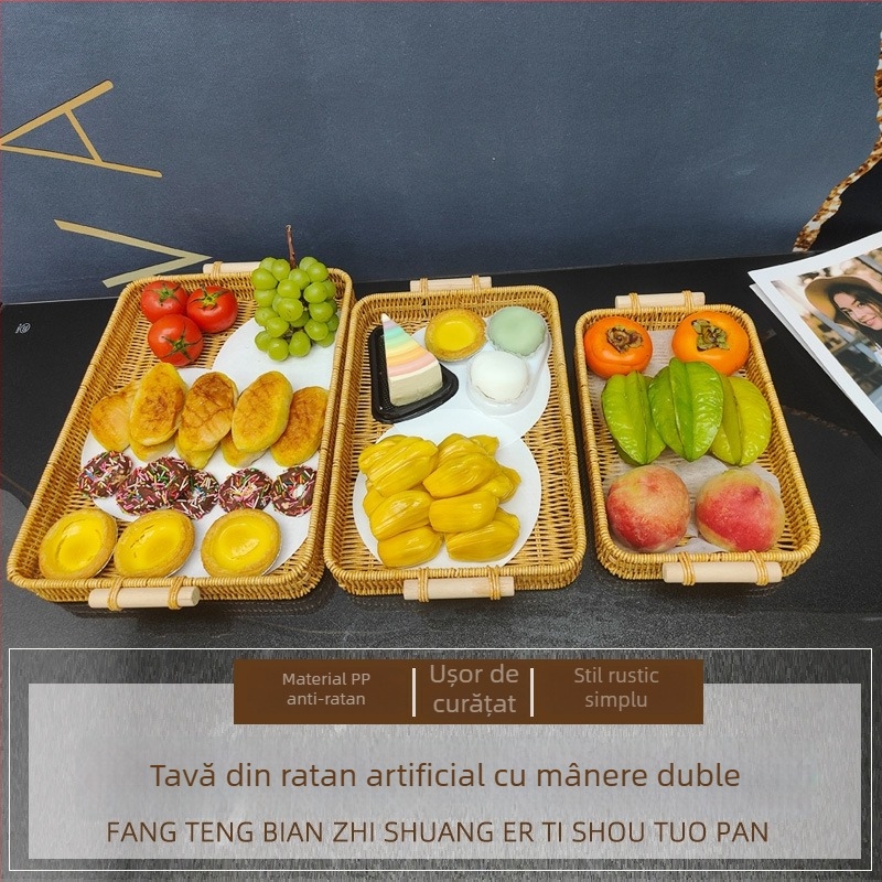 Coș din ratan artificial cu mâner din lemn, tavă de fructe pentru birou și depozitare pentru casă