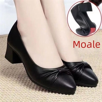 Pantofi femei din piele moale, negri, slip-on, talpă antiderapantă din cauciuc, confortabili pentru primăvară-toamnă, toc bloc mediu 3–5 cm, vârf ascuțit, branță din lână de oaie