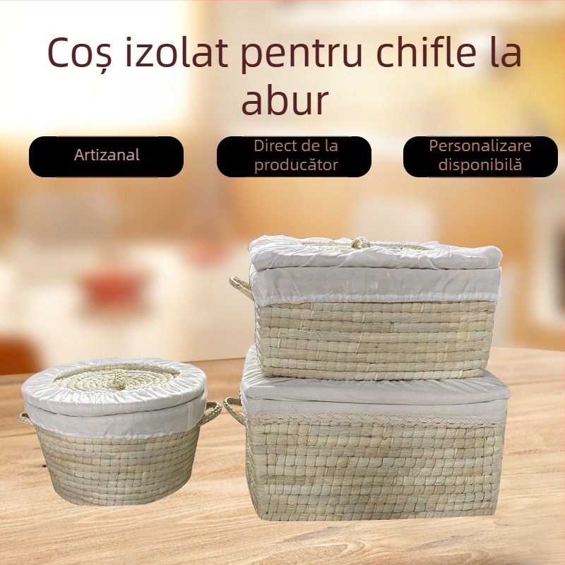 Coș de paie pentru aburi cu capac, coș izolat pentru chifle și clătite, coș multifuncțional de depozitare a alimentelor pentru casă