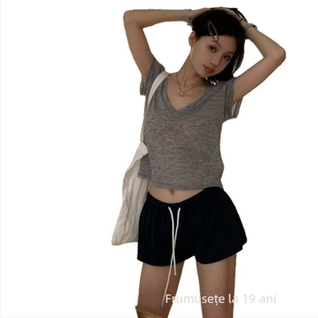 Top pentru femei din Tencel Lyocell cu mânecă scurtă, vară 2025, culoare solidă, casual, croială slim, decolteu în V, ușor translucid