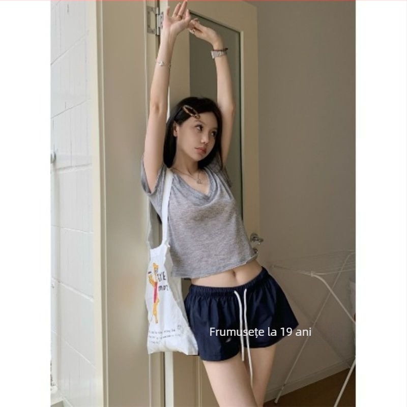 Top pentru femei din Tencel Lyocell cu mânecă scurtă, vară 2025, culoare solidă, casual, croială slim, decolteu în V, ușor translucid