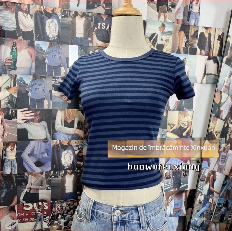 Tricou Zellytop BM-stil, retro american, dungi bleumarin, guler rotund, mâneci scurte, croială slim, pentru femei