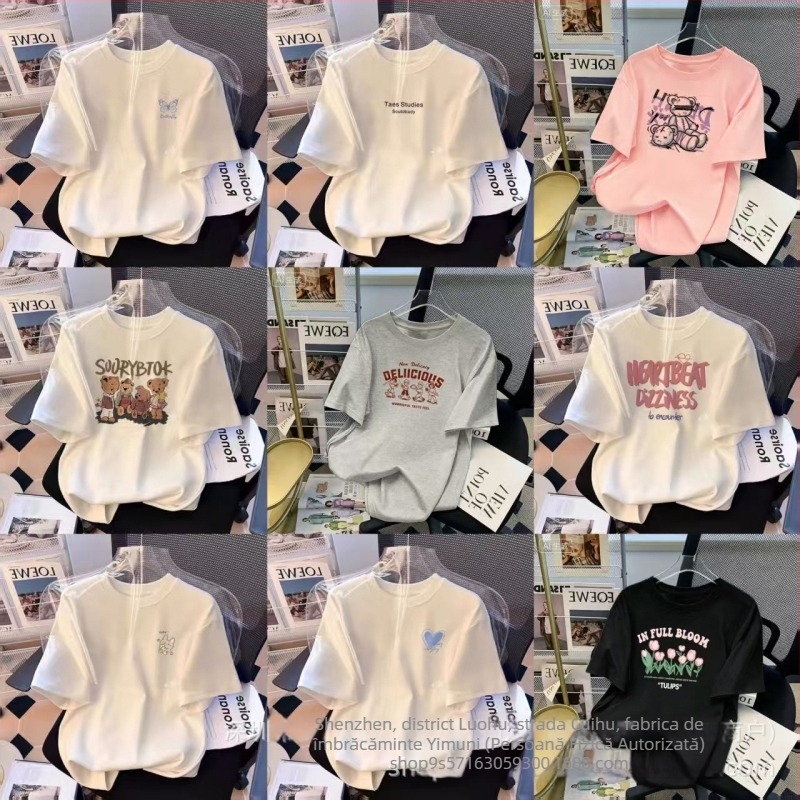 Tricou damă din bumbac, mărime plus, mânecă scurtă, vară, imprimeu geometric, croială lejeră, guler rotund