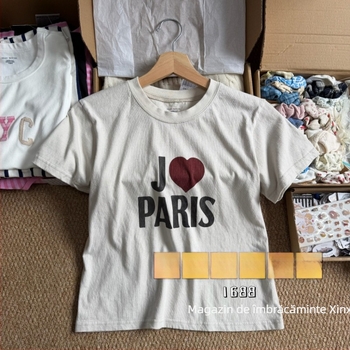 Tricou damă slim-fit, stil BM, retro american, imprimeu inimă și litere Paris, mânecă scurtă