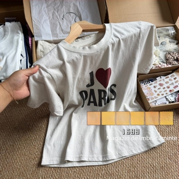 Tricou damă slim-fit, stil BM, retro american, imprimeu inimă și litere Paris, mânecă scurtă