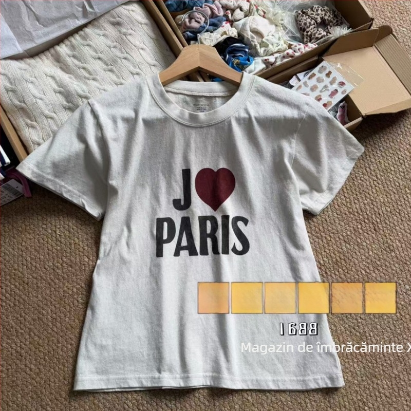 Tricou damă slim-fit, stil BM, retro american, imprimeu inimă și litere Paris, mânecă scurtă