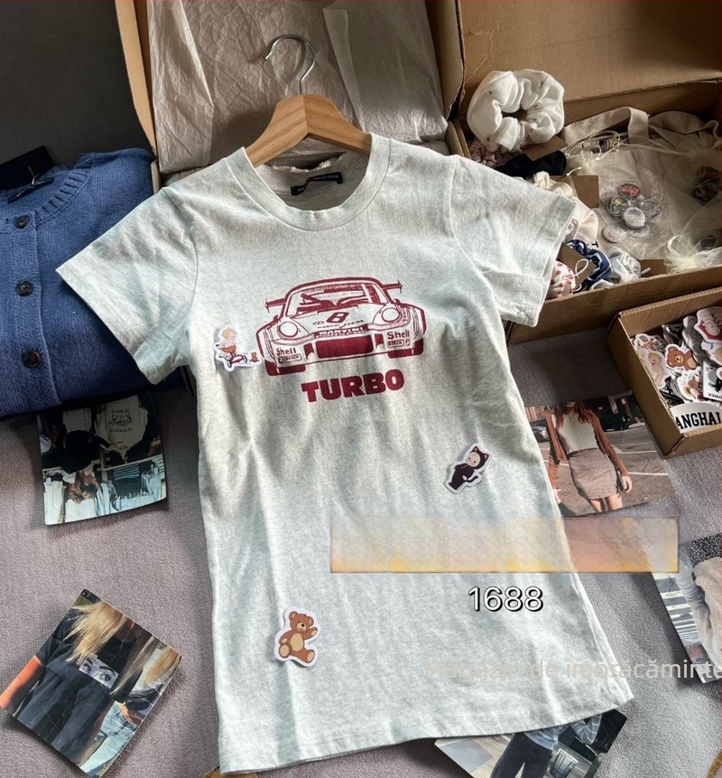 Tricou damă din bumbac, imprimeu Turbo, gri, mâneci scurte, croială lejeră, top de vară