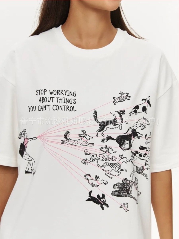 Tricou din bumbac 100% cu mânecă scurtă, croială lejeră, imprimeu cu un câine drăguț