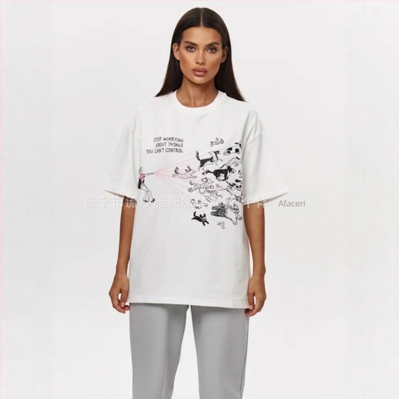 Tricou din bumbac 100% cu mânecă scurtă, croială lejeră, imprimeu cu un câine drăguț
