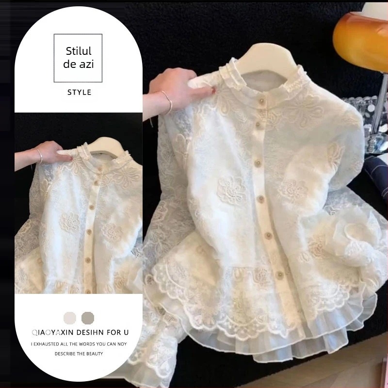 Bluză cu dantelă brodată în stil franțuzesc, pentru femei, primăvară, elegantă și fină, cu margine cu volane