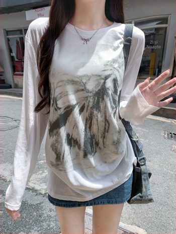 Xiyin 26S Tricou dama din bumbac 100% pentru toamnă, mânecă lungă, imprimeu subtil