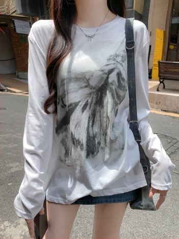 Xiyin 26S Tricou dama din bumbac 100% pentru toamnă, mânecă lungă, imprimeu subtil