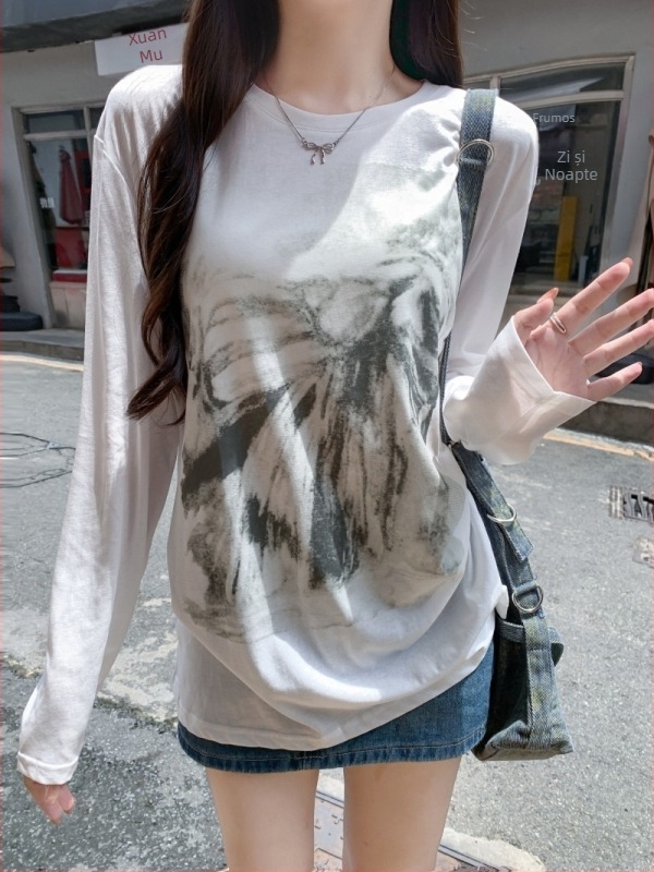 Xiyin 26S Tricou dama din bumbac 100% pentru toamnă, mânecă lungă, imprimeu subtil