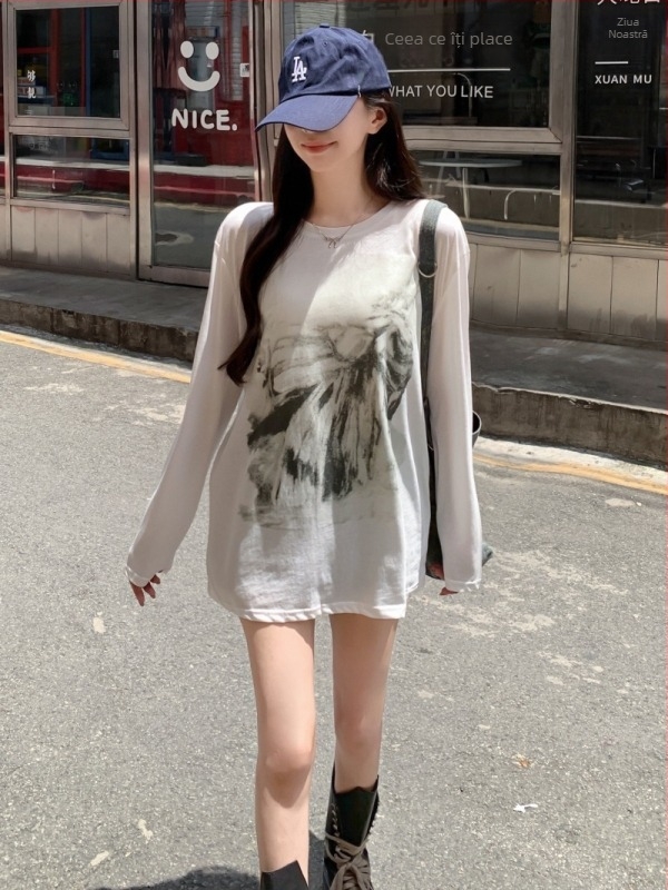 Xiyin 26S Tricou dama din bumbac 100% pentru toamnă, mânecă lungă, imprimeu subtil
