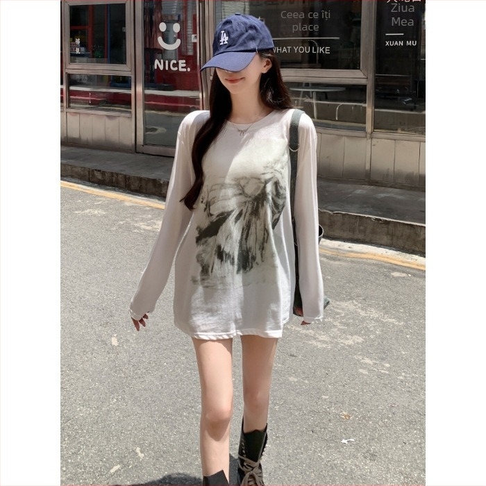 Xiyin 26S Tricou dama din bumbac 100% pentru toamnă, mânecă lungă, imprimeu subtil