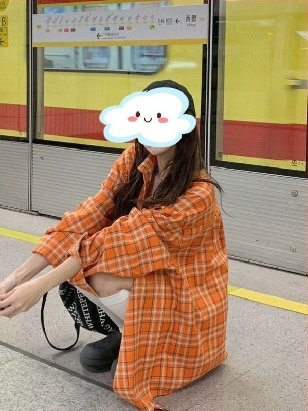 Cămașă cu mâneci lungi în carouri portocalii, stil american retro, primăvară-toamnă, croială lejeră casual, protecție solară, jacket pentru cupluri