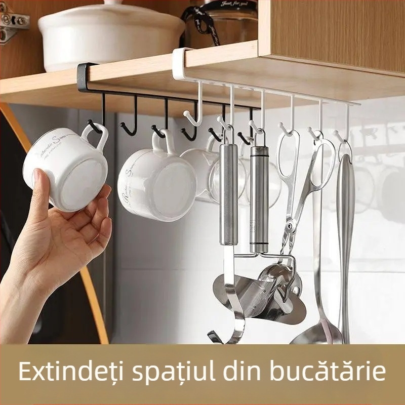 Organizator de bucătărie sub dulap cu cârlige, fără găuri, pentru cârpe, spatule, linguri și pahare