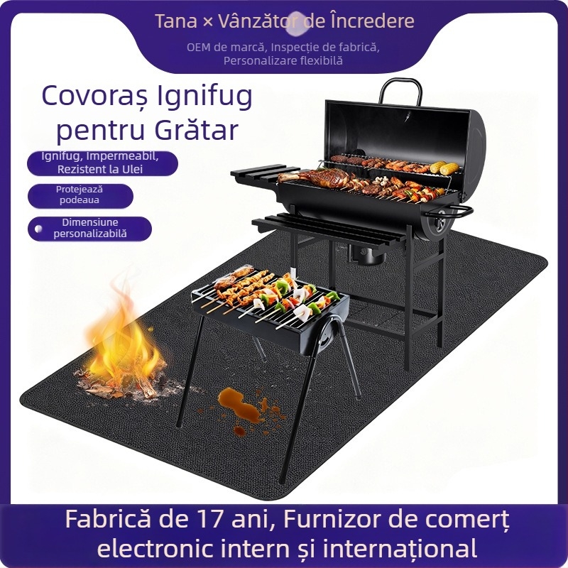 Covoraș exterior anti-flacără pentru grătar, suprafață dublu fațată din siliciu și fibră de sticlă, rezistent la temperaturi înalte, izolație termică, retardant de flac, rezistent la pete, covoraș de podea pentru șemineu și grătar