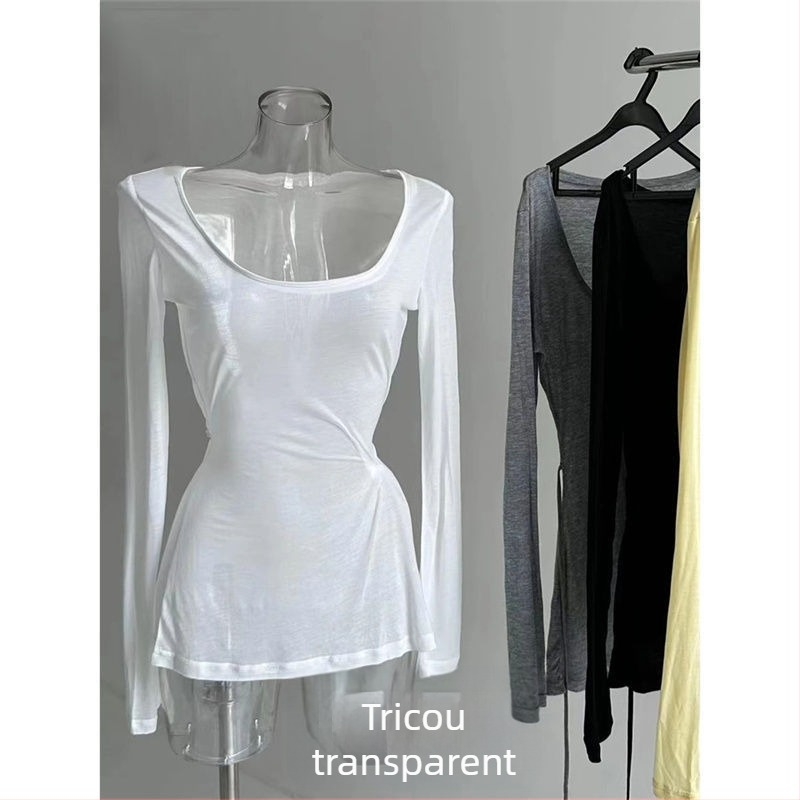 Tricou de femei cu mânecă lungă, în stil occidental, transparent, ușor, croială slim fit, top casual versatil pentru toamnă.