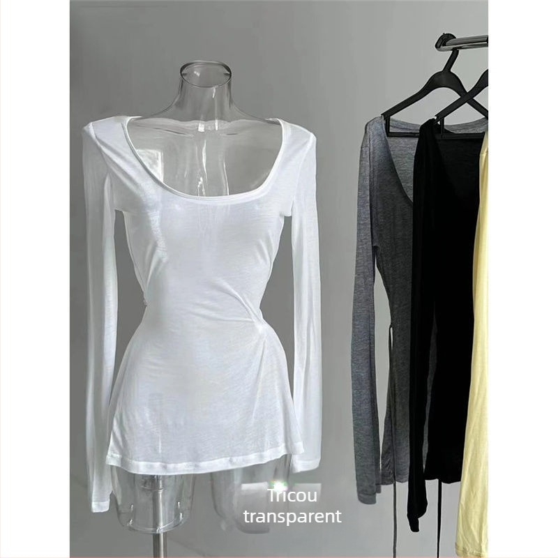 Tricou de femei cu mânecă lungă, în stil occidental, transparent, ușor, croială slim fit, top casual versatil pentru toamnă.