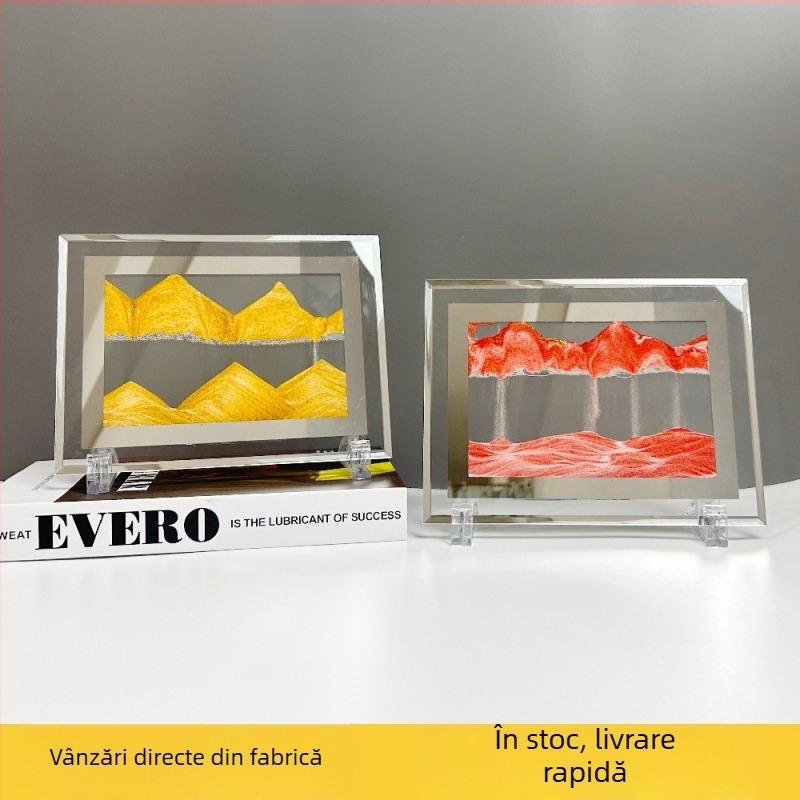Pictură 3D cu nisip lichid, peisaj, clepsidră și oglindă pătrată – decor pentru sufragerie