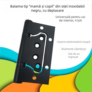 Balama cu ax decalaj, neagră, din oțel inoxidabil, fără canelură, 4 inchi, silențioasă, robustă pentru uși din lemn și baie