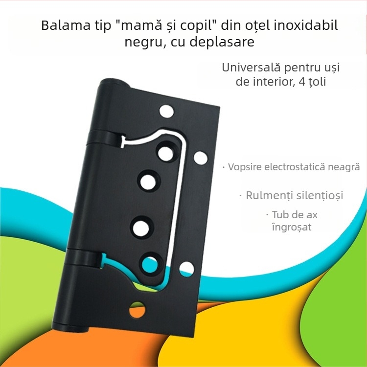 Balama cu ax decalaj, neagră, din oțel inoxidabil, fără canelură, 4 inchi, silențioasă, robustă pentru uși din lemn și baie