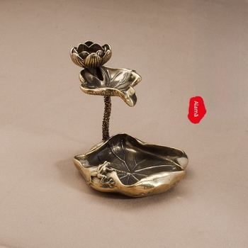 Aranjament din alamă pură cu frunză de lotus și flux invers de fum, suport pentru parfum cu broscă lotus, decor pentru casă