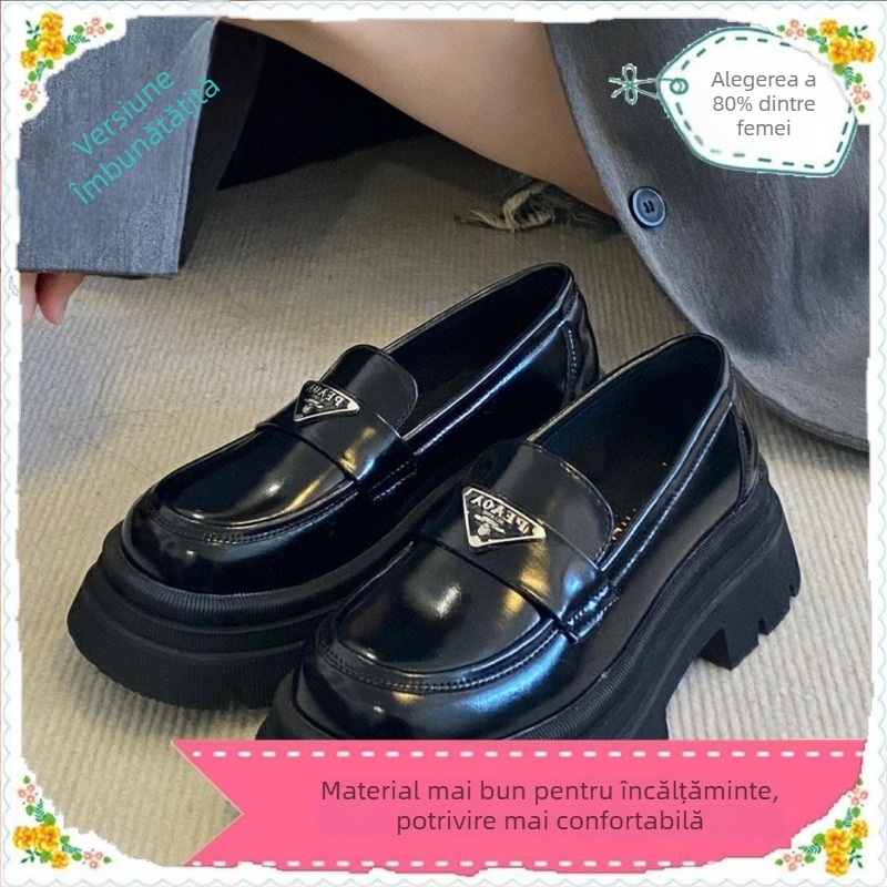 Loafers dama cu talpă platformă groasă, primăvara 2025, stil britanic, design sofisticat, logo triunghiular, slip-on din piele PU