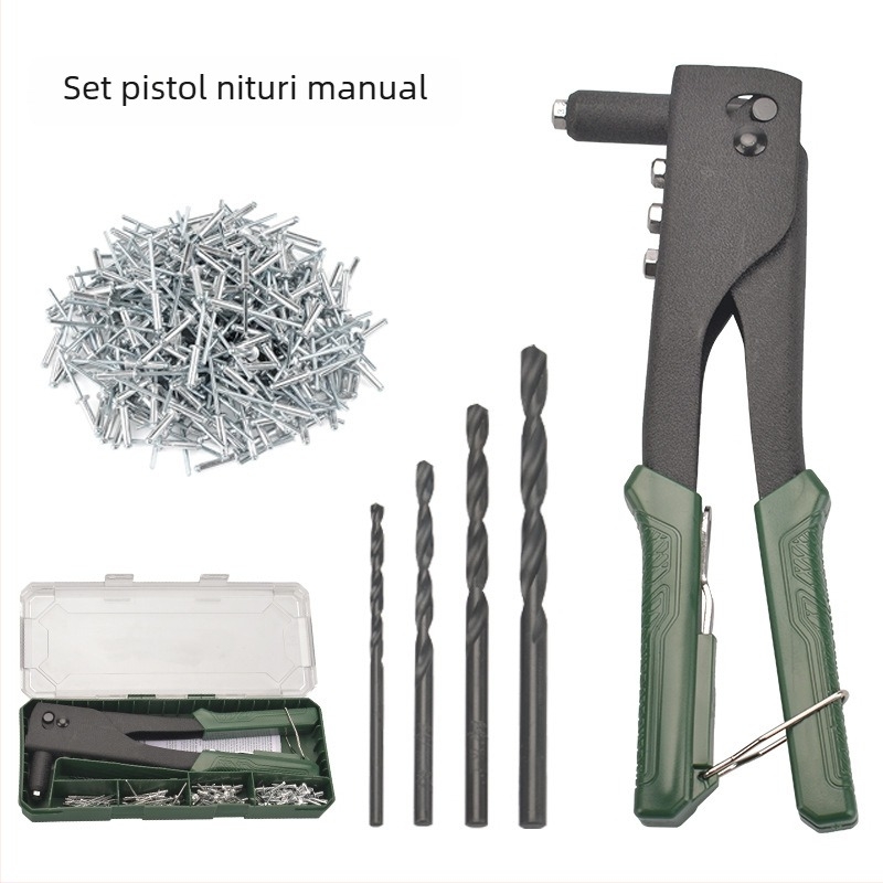 Set pistolă de nituri manual pentru balamalele porților și ferestrelor – unealtă economică de efort, 110 piese în husă verde, 4 pistoale, diametre 2,4/3,2/4,0/4,8 mm