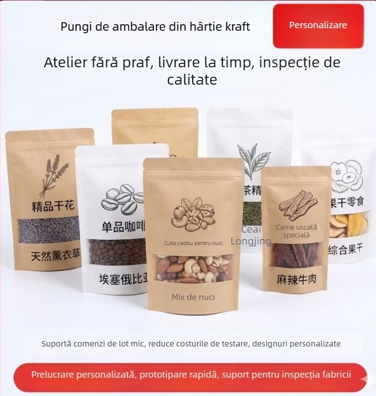 Saci personalizați de ambalare alimentară, impermeabili cu folie de aluminiu, pungă stand-up cu sigiliu pe opt laturi, pentru ceai, cafea și gustări