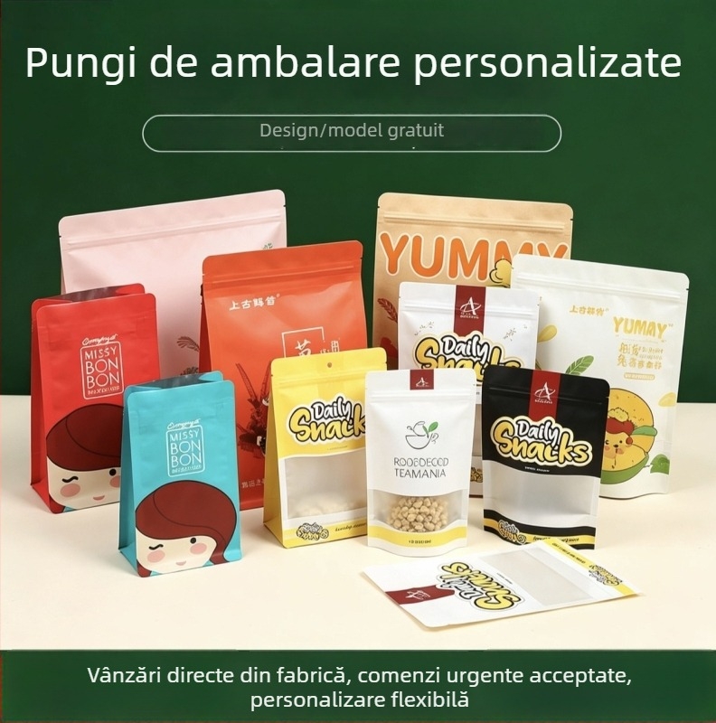 Saci personalizați de ambalare alimentară, impermeabili cu folie de aluminiu, pungă stand-up cu sigiliu pe opt laturi, pentru ceai, cafea și gustări