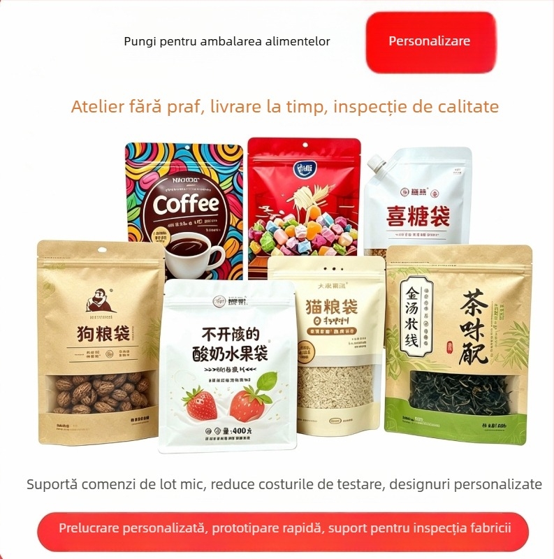 Saci personalizați de ambalare alimentară, impermeabili cu folie de aluminiu, pungă stand-up cu sigiliu pe opt laturi, pentru ceai, cafea și gustări