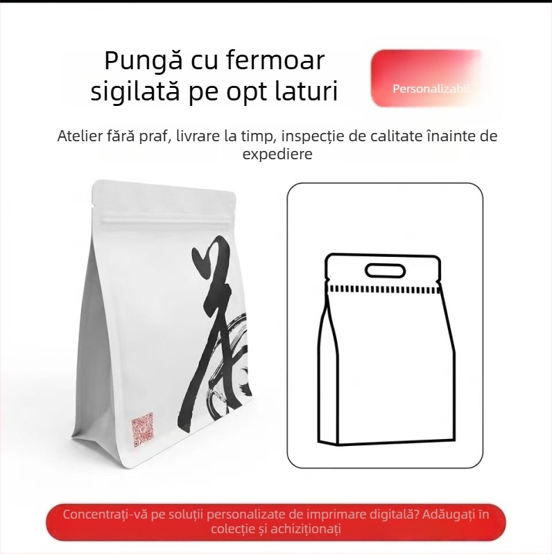 Saci personalizați de ambalare alimentară, impermeabili cu folie de aluminiu, pungă stand-up cu sigiliu pe opt laturi, pentru ceai, cafea și gustări