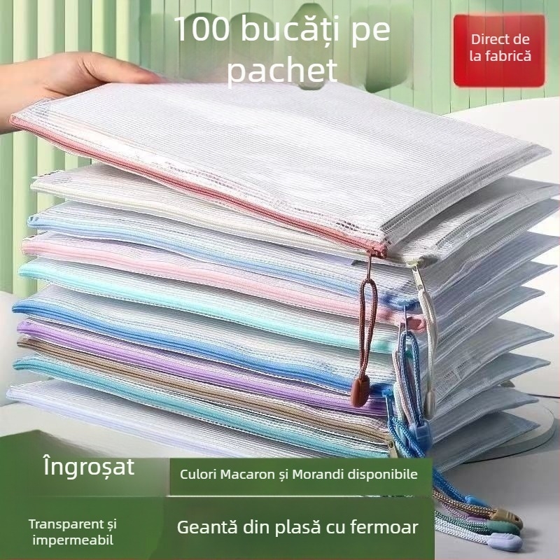 Mapă A4 cu plasă, fermoar transparent, pentru documente, arhivă pentru elevi, birotică, depozitare foi de examen, impermeabil