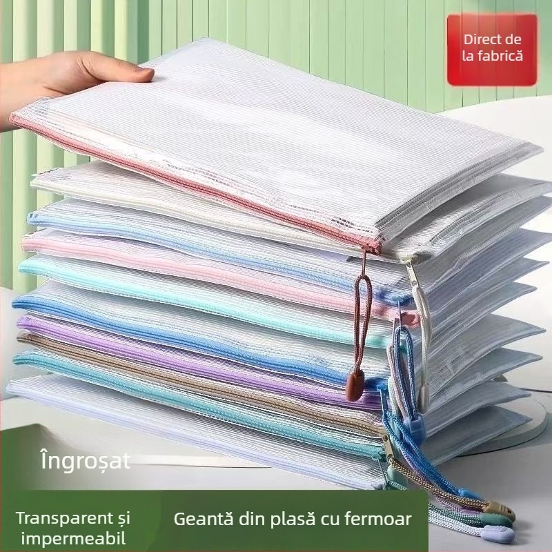 Mapă A4 cu plasă, fermoar transparent, pentru documente, arhivă pentru elevi, birotică, depozitare foi de examen, impermeabil