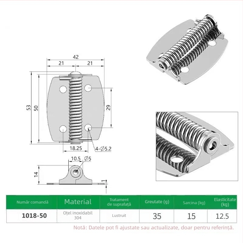 Balama cu arc din oțel inoxidabil 304, cu revenire automată, pliabilă, 2 inch