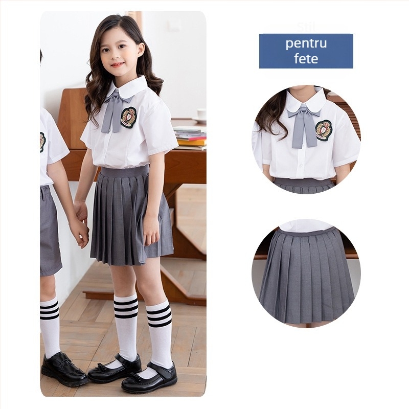 Set școlar de vară pentru copii, stil britanic, trei piese (cămașă cu mânecă scurtă + pantaloni)