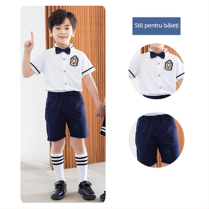 Set școlar de vară pentru copii, stil britanic, trei piese (cămașă cu mânecă scurtă + pantaloni)