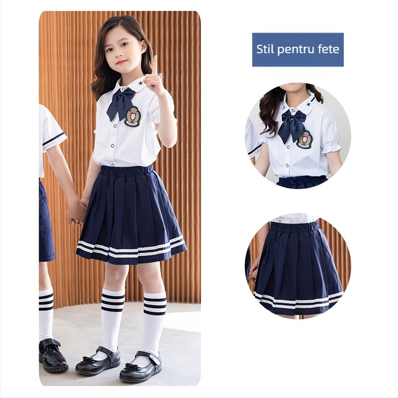 Set școlar de vară pentru copii, stil britanic, trei piese (cămașă cu mânecă scurtă + pantaloni)