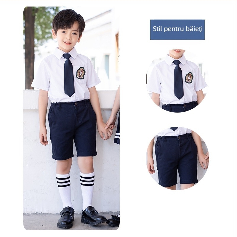 Set școlar de vară pentru copii, stil britanic, trei piese (cămașă cu mânecă scurtă + pantaloni)